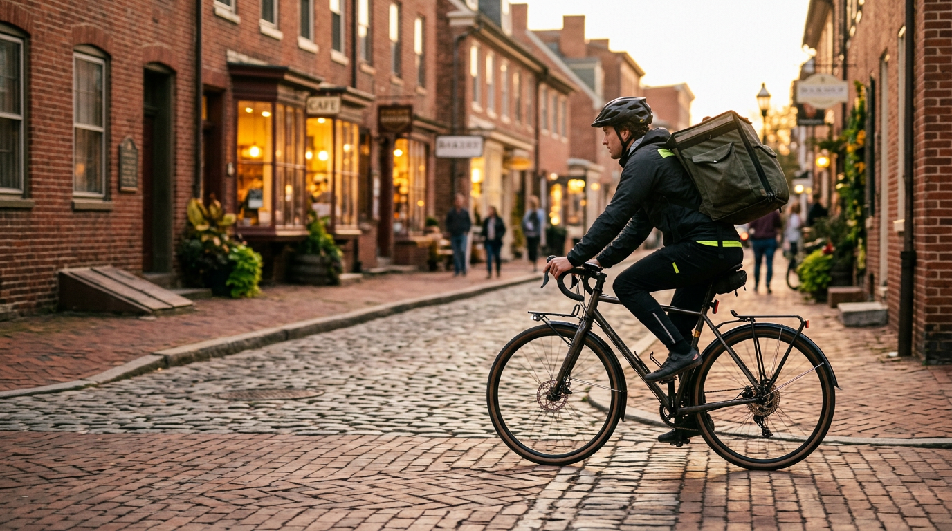 An LCL courier riding a bicycle with an insulated food bag on a brick street