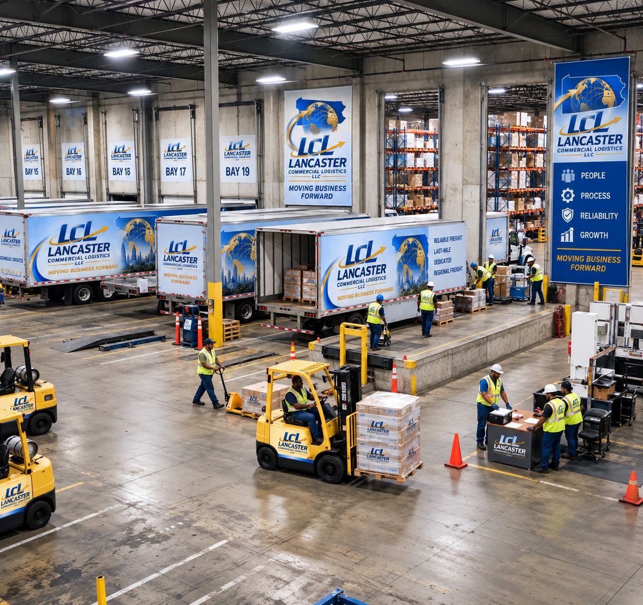 Lancaster Commercial Logistics warehouse and loading dock with LCL-branded box trucks at numbered bays, forklifts, and crews handling palletized freight